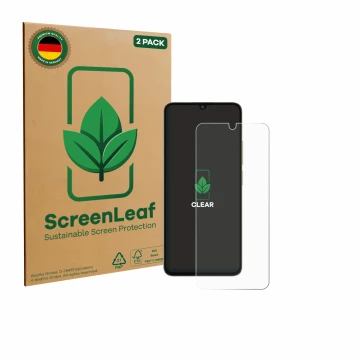 Front side of a product packaging with the brand logo ScreenLeaf. Next to it is the device Oukitel C59 Pro shown with the corr