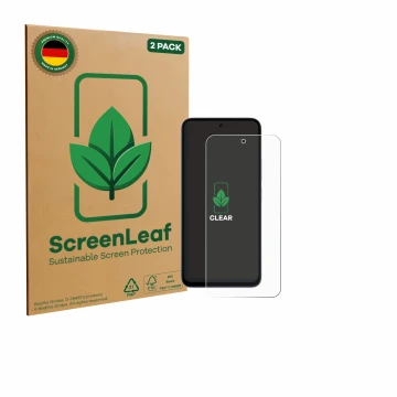 Front side of a product packaging with the brand logo ScreenLeaf. Next to it is the device Xiaomi Redmi 15 4G shown with the c