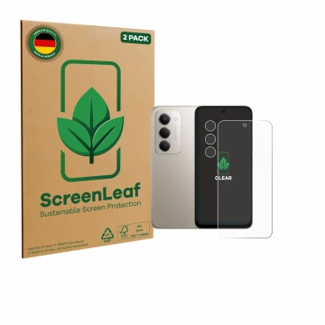 Front side of a product packaging with the brand logo ScreenLeaf. Next to it is the device Xiaomi Redmi 15 4G (Front+Camera) s