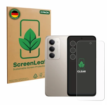Front side of a product packaging with the brand logo ScreenLeaf. Next to it is the device Xiaomi Redmi 15 (Front+Camera) show