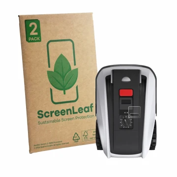 Front side of a product packaging with the brand logo ScreenLeaf. Next to it is the device Ecovacs Goat O800 RTK shown with th