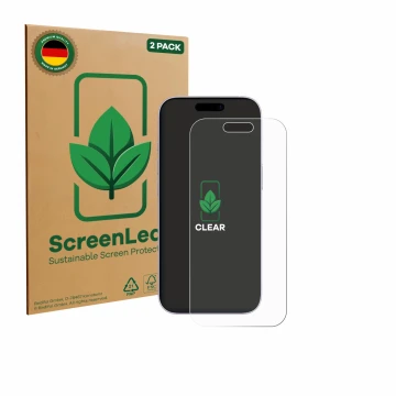 Front side of a product packaging with the brand logo ScreenLeaf. Next to it is the device Apple iPhone 17 shown with the corr