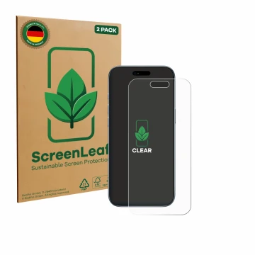 Front side of a product packaging with the brand logo ScreenLeaf. Next to it is the device Apple iPhone Air shown with the cor