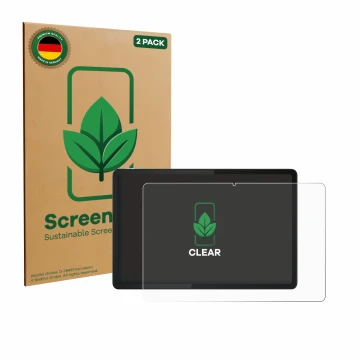 Front side of a product packaging with the brand logo ScreenLeaf. Next to it is the device Lenovo Tab K11e shown with the corr