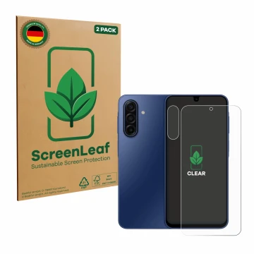 Front side of a product packaging with the brand logo ScreenLeaf. Next to it is the device Samsung Galaxy A17 5G (Front+Camera