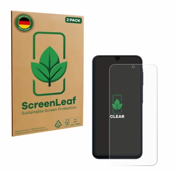Front side of a product packaging with the brand logo ScreenLeaf. Next to it is the device Samsung Galaxy A17 4G shown with th