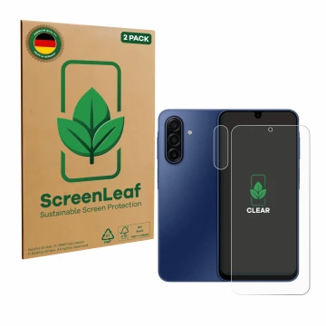 Front side of a product packaging with the brand logo ScreenLeaf. Next to it is the device Samsung Galaxy A17 4G (Front+Camera