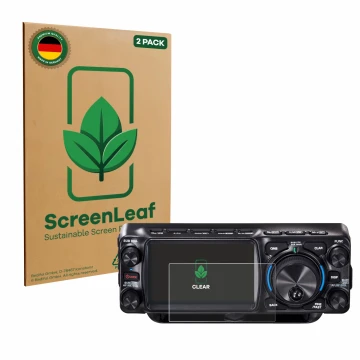 Front side of a product packaging with the brand logo ScreenLeaf. Next to it is the device Yaesu FTX-1 shown with the correspo
