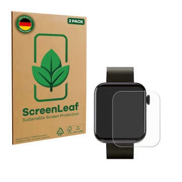Front side of a product packaging with the brand logo ScreenLeaf. Next to it is the device Kendox Life Tracker shown with the 