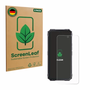 Front side of a product packaging with the brand logo ScreenLeaf. Next to it is the device Cubot King Kong 11 shown with the c