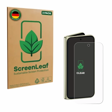 Front side of a product packaging with the brand logo ScreenLeaf. Next to it is the device Google Pixel 10 Pro Fold shown with