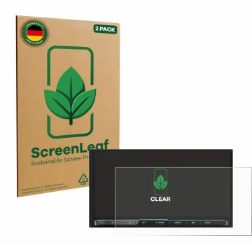 Front side of a product packaging with the brand logo ScreenLeaf. Next to it is the device Kenwood DMX8021DABS shown with the 