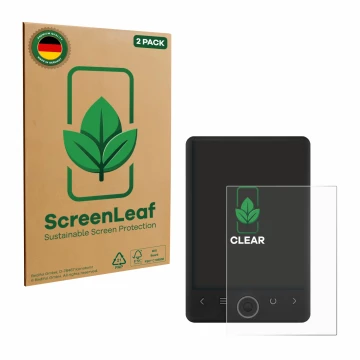 Front side of a product packaging with the brand logo ScreenLeaf. Next to it is the device SPC Light 2 shown with the correspo
