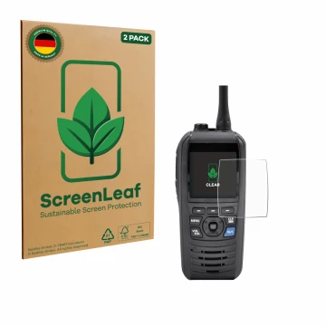 Front side of a product packaging with the brand logo ScreenLeaf. Next to it is the device Icom IC-M94D shown with the corresp
