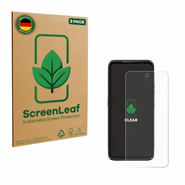Front side of a product packaging with the brand logo ScreenLeaf. Next to it is the device Ulefone Armor 23 Ultra shown with t