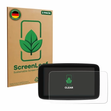 Front side of a product packaging with the brand logo ScreenLeaf. Next to it is the device TomTom GO Classic 5