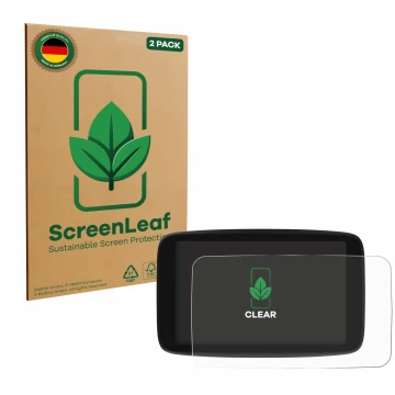 Front side of a product packaging with the brand logo ScreenLeaf. Next to it is the device TomTom Go Navigator 7 (2nd generati