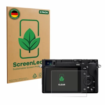 Front side of a product packaging with the brand logo ScreenLeaf. Next to it is the device Sony RX1R III shown with the corres