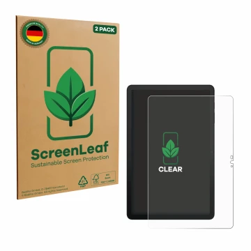 Front side of a product packaging with the brand logo ScreenLeaf. Next to it is the device Telekom T Tablet 2 shown with the c