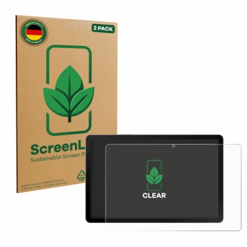 Front side of a product packaging with the brand logo ScreenLeaf. Next to it is the device Samsung Galaxy Tab S10 Lite shown w