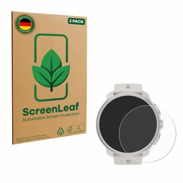 Front side of a product packaging with the brand logo ScreenLeaf. Next to it is the device Suunto Race 2 shown with the corres