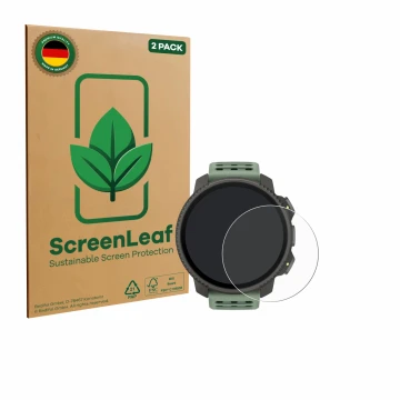 Front side of a product packaging with the brand logo ScreenLeaf. Next to it is the device Suunto Vertical 2 shown with the co