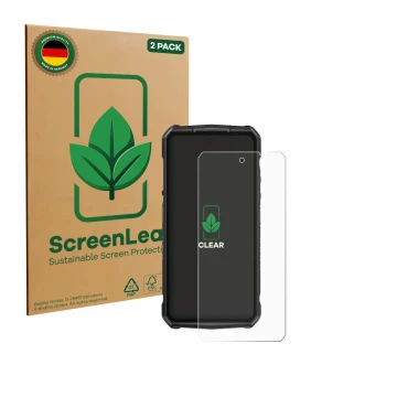 Front side of a product packaging with the brand logo ScreenLeaf. Next to it is the device Ulefone Armor 29 Ultra shown with t