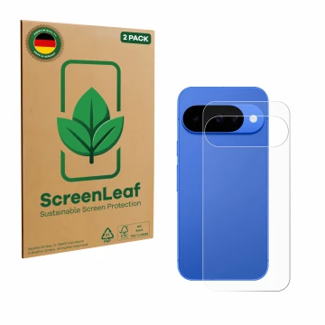 Front side of a product packaging with the brand logo ScreenLeaf. Next to it is the device Google Pixel 10 (Back) shown with t