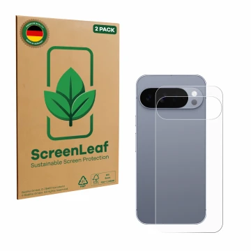 Front side of a product packaging with the brand logo ScreenLeaf. Next to it is the device Google Pixel 10 Pro XL (Back) shown