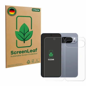 Front side of a product packaging with the brand logo ScreenLeaf. Next to it is the device Google Pixel 10 Pro XL (Front+Back)