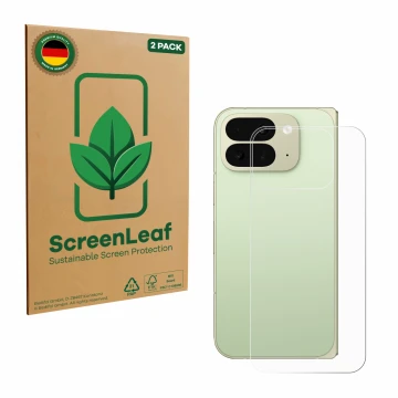 Front side of a product packaging with the brand logo ScreenLeaf. Next to it is the device Google Pixel 10 Pro Fold (Back) sho