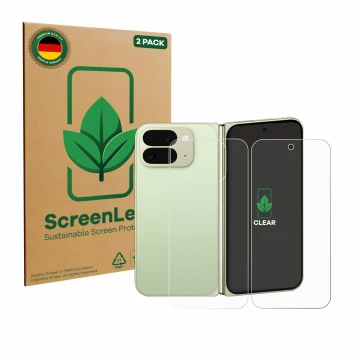 Front side of a product packaging with the brand logo ScreenLeaf. Next to it is the device Google Pixel 10 Pro Fold (Front+Bac