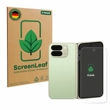Front side of a product packaging with the brand logo ScreenLeaf. Next to it is the device Google Pixel 10 Pro Fold (Front+Cam