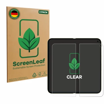 Front side of a product packaging with the brand logo ScreenLeaf. Next to it is the device Google Pixel 10 Pro Fold (Inner dis