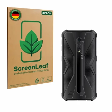 Front side of a product packaging with the brand logo ScreenLeaf. Next to it is the device Ulefone Armor X12 Pro (ONLY Camera 