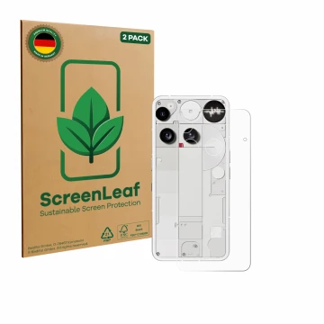 Front side of a product packaging with the brand logo ScreenLeaf. Next to it is the device Nothing Phone (3) (Back) shown with