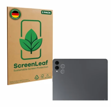 Front side of a product packaging with the brand logo ScreenLeaf. Next to it is the device Samsung Galaxy Tab S11 Ultra (ONLY 