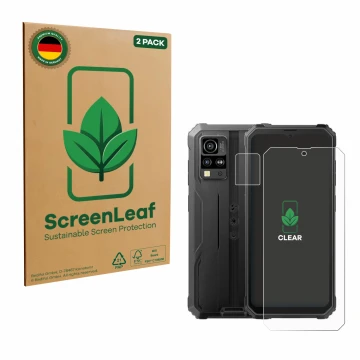 Front side of a product packaging with the brand logo ScreenLeaf. Next to it is the device Blackview BV4800 (Front+Camera) sho