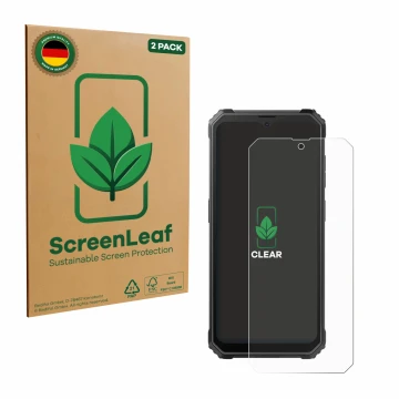 Front side of a product packaging with the brand logo ScreenLeaf. Next to it is the device Blackview BV4800 SE shown with the 