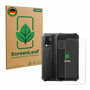 Front side of a product packaging with the brand logo ScreenLeaf. Next to it is the device Blackview BV4800 SE (Front+Camera) 