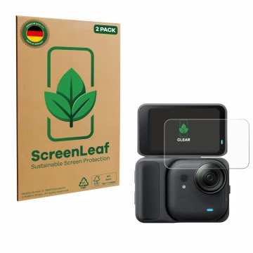 Front side of a product packaging with the brand logo ScreenLeaf. Next to it is the device Insta360 Go Ultra shown with the co
