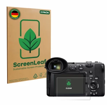 Front side of a product packaging with the brand logo ScreenLeaf. Next to it is the device Sony Cinema Line FX2 shown with the