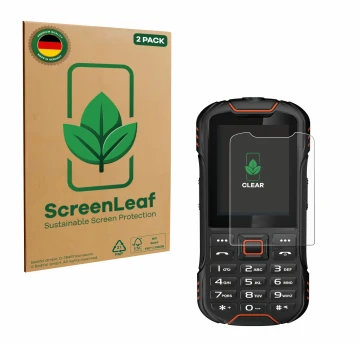 Front side of a product packaging with the brand logo ScreenLeaf. Next to it is the device Gigaset GLX8 shown with the corresp