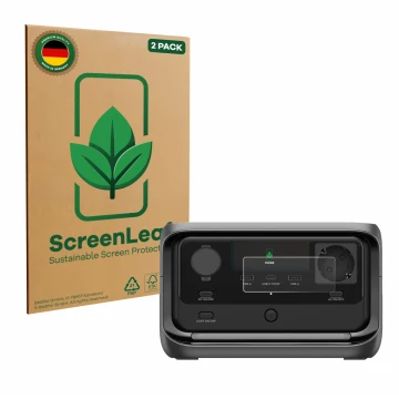 Front side of a product packaging with the brand logo ScreenLeaf. Next to it is the device EcoFlow River 3 Plus shown with the
