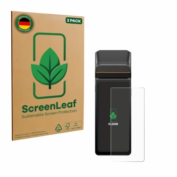 Front side of a product packaging with the brand logo ScreenLeaf. Next to it is the device Sunmi V3H shown with the correspond