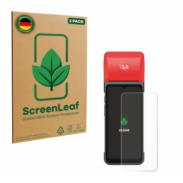 Front side of a product packaging with the brand logo ScreenLeaf. Next to it is the device iMin Swift 2 Pro shown with the cor