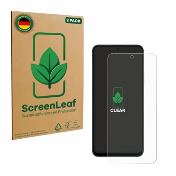 Front side of a product packaging with the brand logo ScreenLeaf. Next to it is the device Honor X7d 5G shown with the corresp