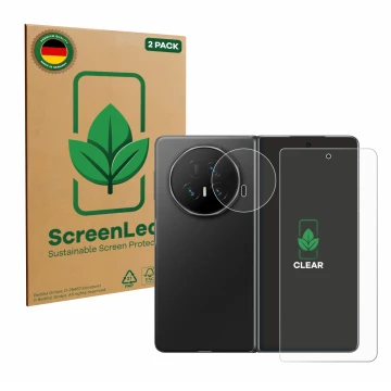 Front side of a product packaging with the brand logo ScreenLeaf. Next to it is the device Honor Magic V5 (Front+Camera) shown