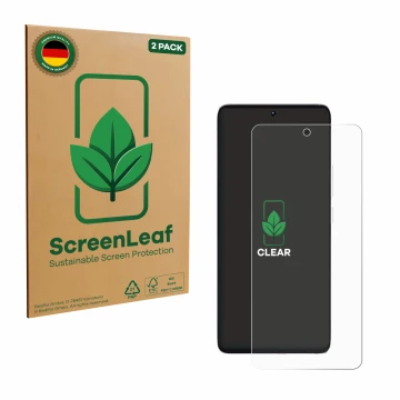 Front side of a product packaging with the brand logo ScreenLeaf. Next to it is the device Xiaomi Poco M7 Pro 4G shown with th
