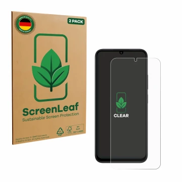 Front side of a product packaging with the brand logo ScreenLeaf. Next to it is the device Xiaomi Redmi 15C shown with the cor